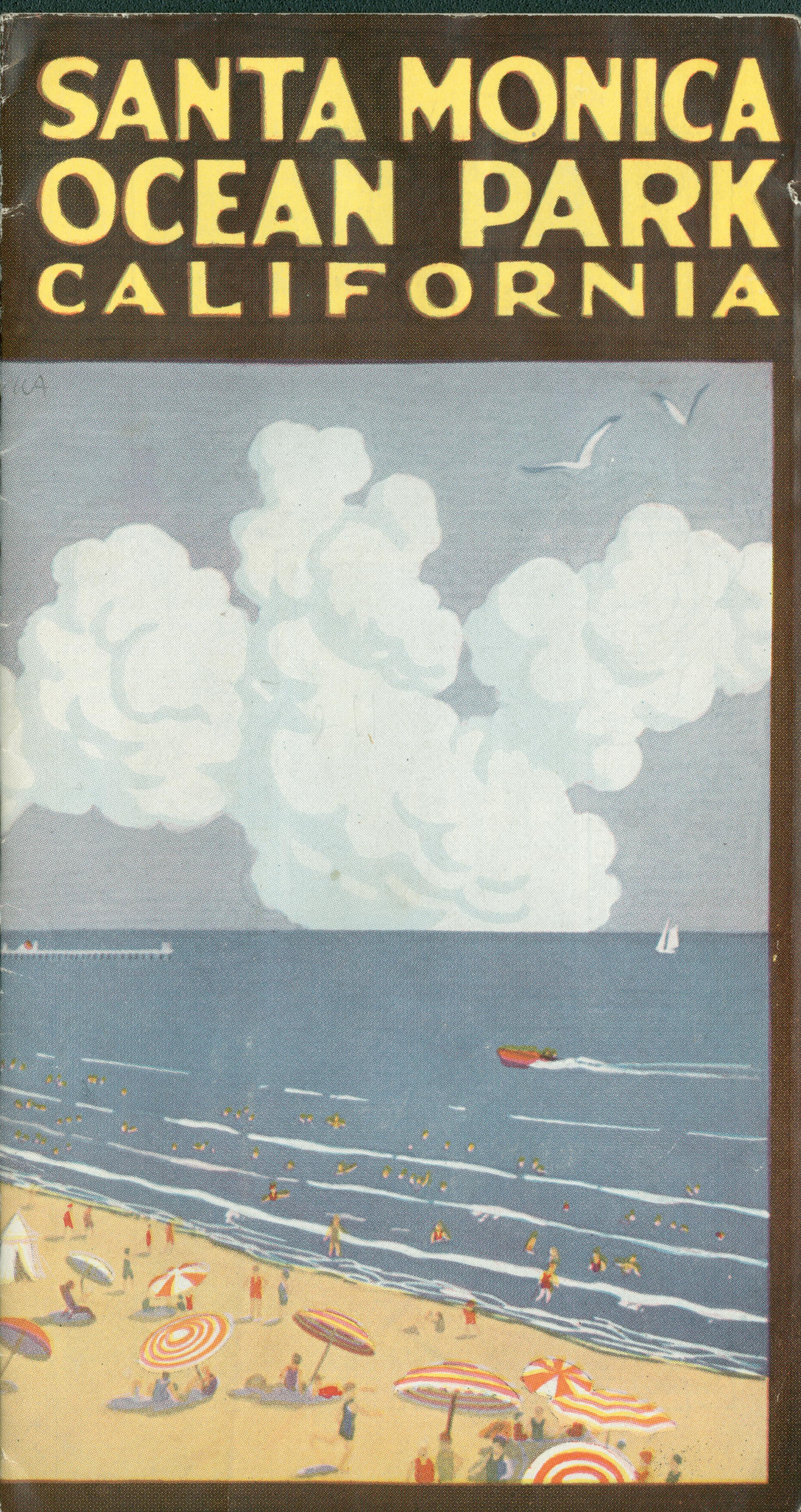 The front of this brochure shows a beach with people frolicking in the waves and boats off the shore.